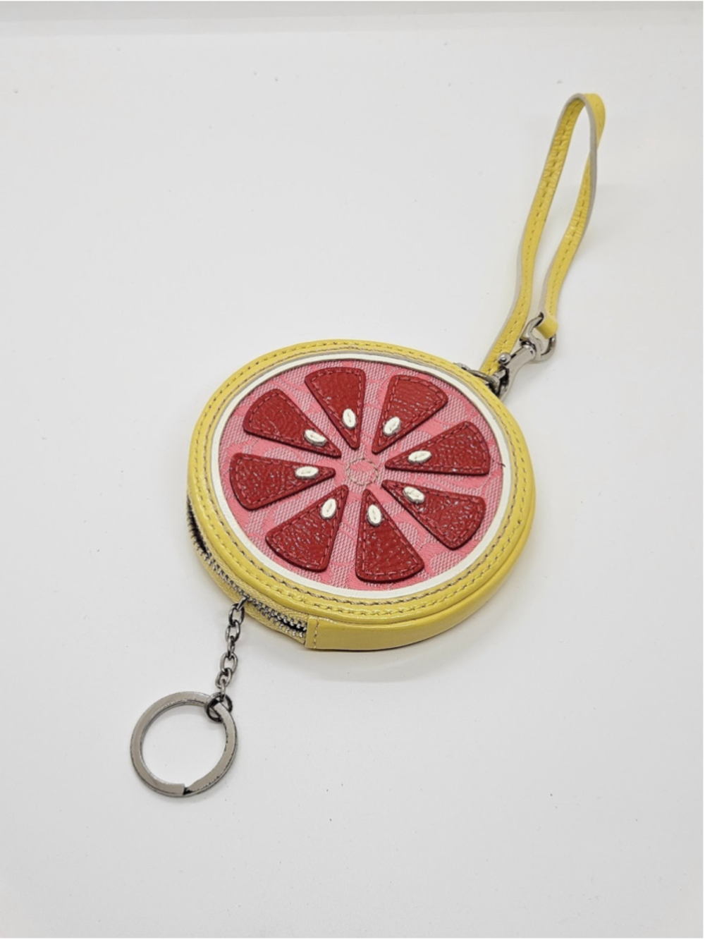 Coach Grapefruit Coin Purse Wristlet Keychain Round Zip around Citrus Pouch RARE